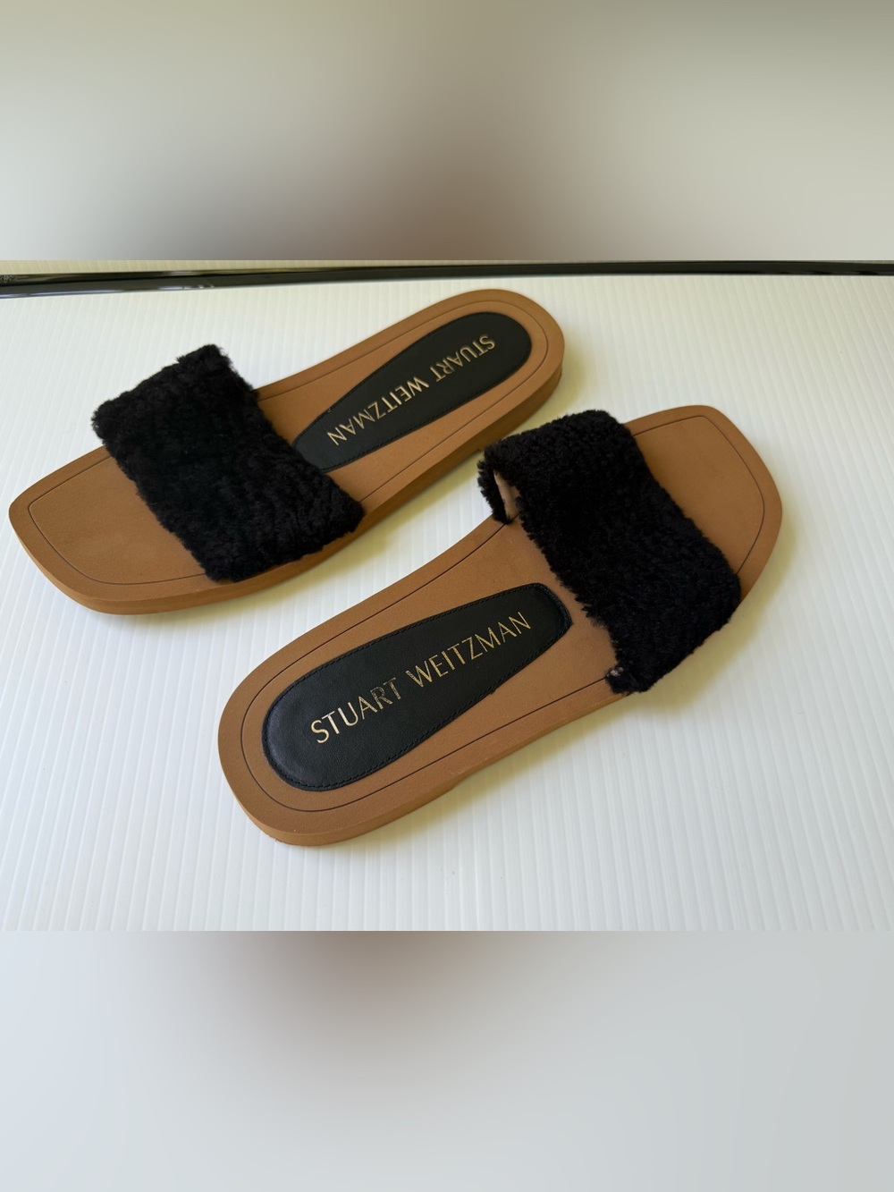 Stuart Weitzman Black Faux-Shearling Slide Mules with Brown Footbed Size 8B